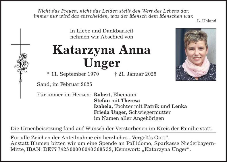 Traueranzeige Katarzyna Anna Unger