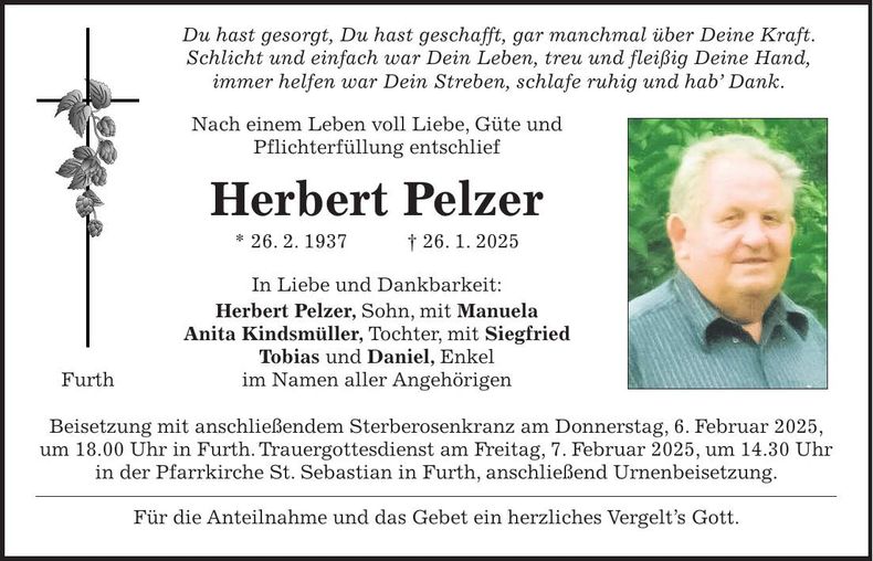 Traueranzeige Herbert Pelzer