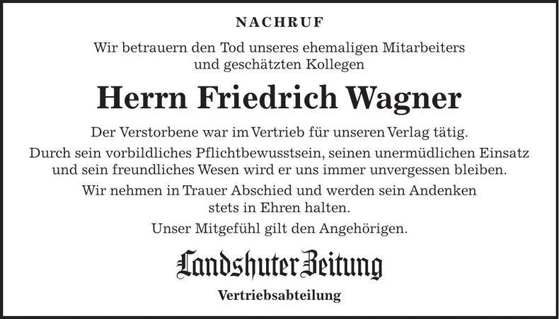 Traueranzeige Friedrich Wagner