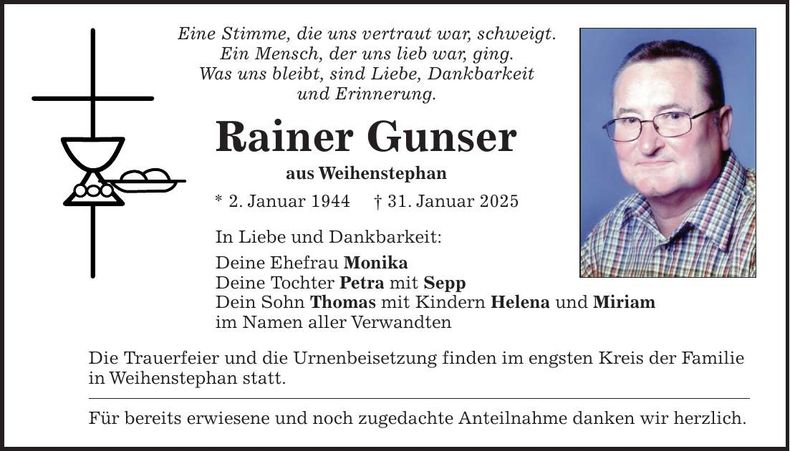 Traueranzeige Rainer Gunser