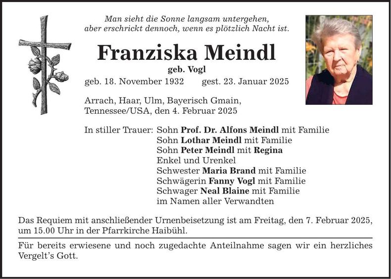 Traueranzeige Franziska Meindl