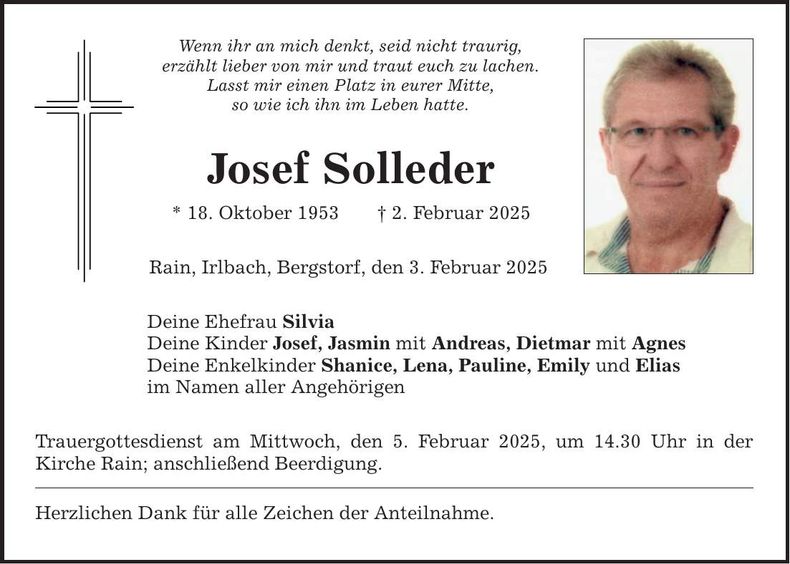 Traueranzeige Josef Solleder