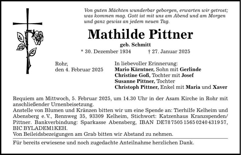 Traueranzeige Mathilde Pittner