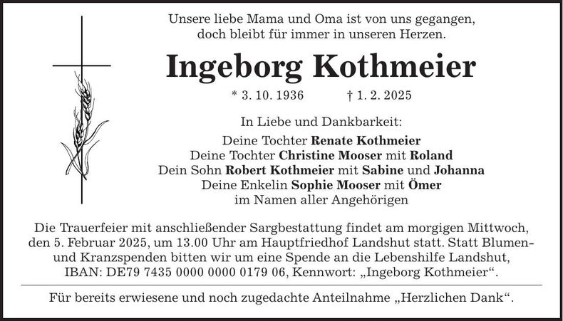 Traueranzeige Ingeborg Kothmeier