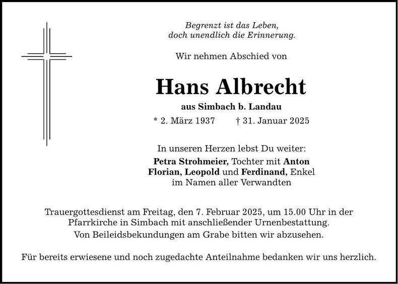 Traueranzeige Hans Albrecht