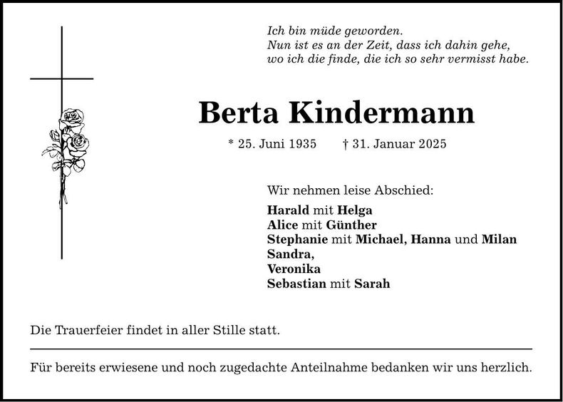 Traueranzeige Berta Kindermann