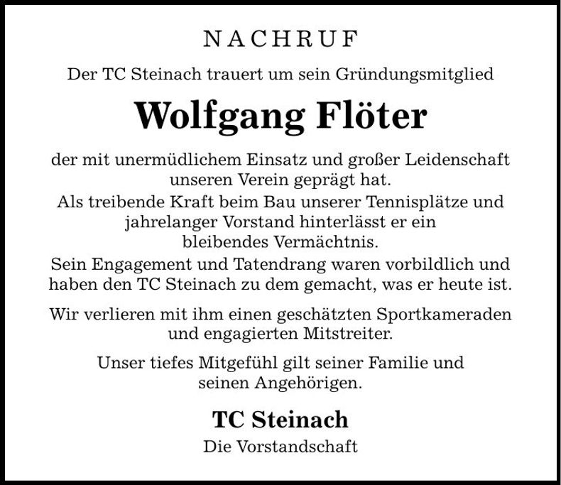 Traueranzeige Woflgang Flöter