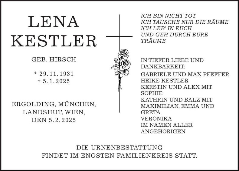 Traueranzeige Lena Kestler