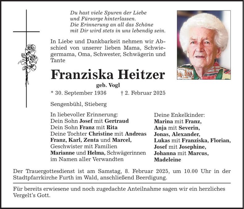 Traueranzeige Franziska Heitzer