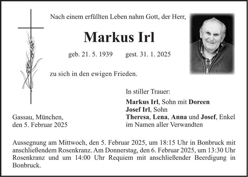 Traueranzeige Markus Irl
