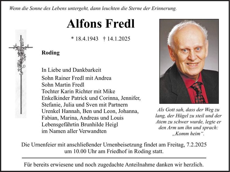 Traueranzeige Alfons Fredl