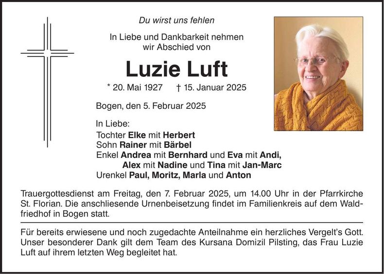 Traueranzeige Luzie Luft