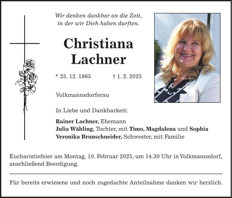 Traueranzeige Christiana Lachner
