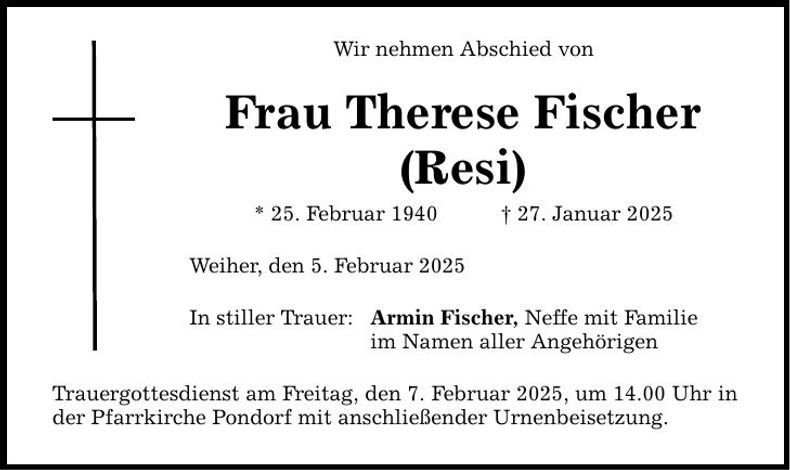Traueranzeige Therese Fischer