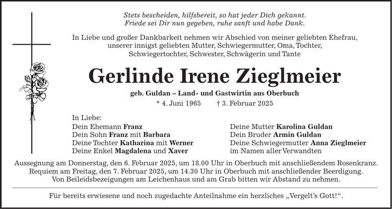 Traueranzeige Gerlinde Irene Zieglmeier
