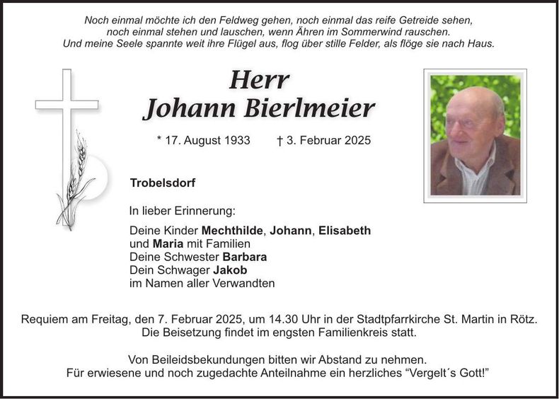 Traueranzeige Johann Bierlmeier