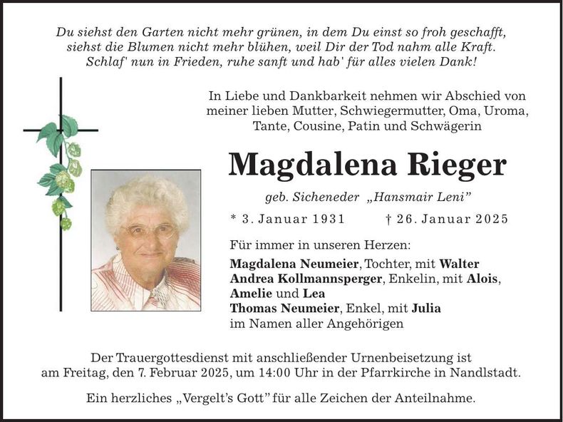 Traueranzeige Magdalena Rieger