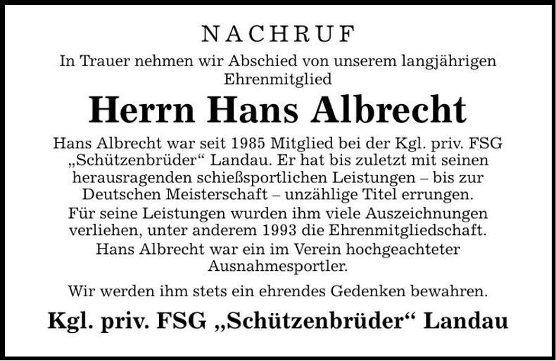 Traueranzeige Hans Albrecht