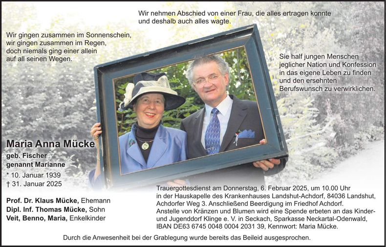 Traueranzeige Maria Anna Mücke