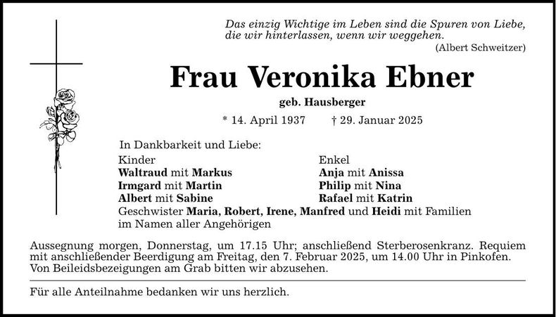 Traueranzeige Veronika Ebner