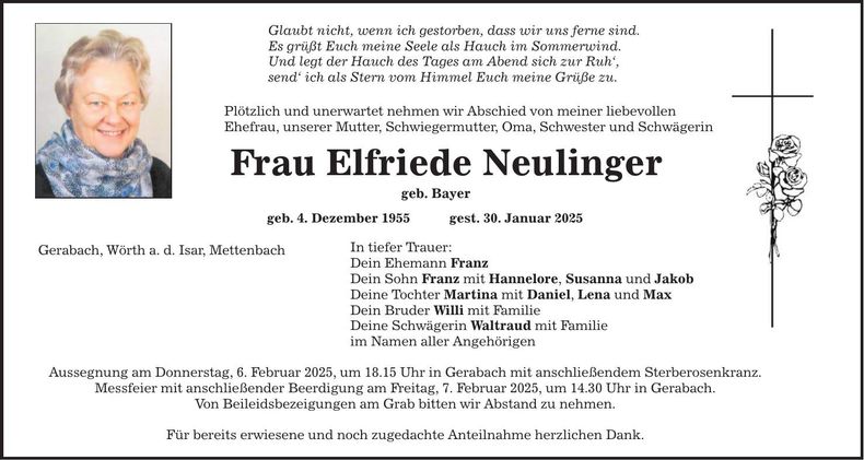 Traueranzeige Elfriede Neulinger