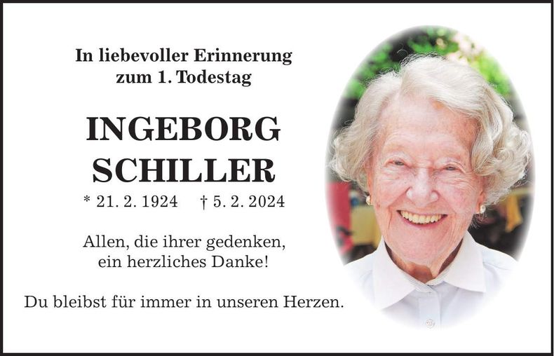 Traueranzeige Ingeborg Schiller