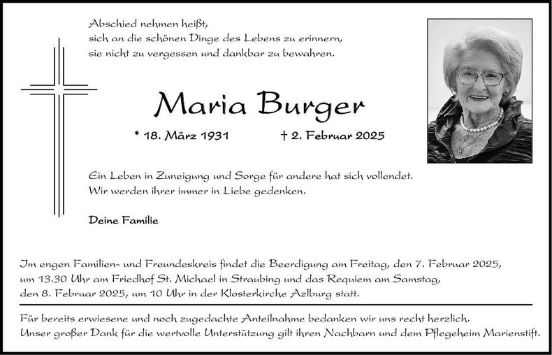 Traueranzeige Maria Burger