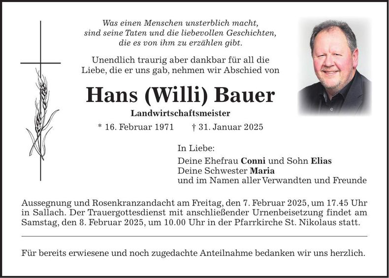 Traueranzeige Johann Bauer