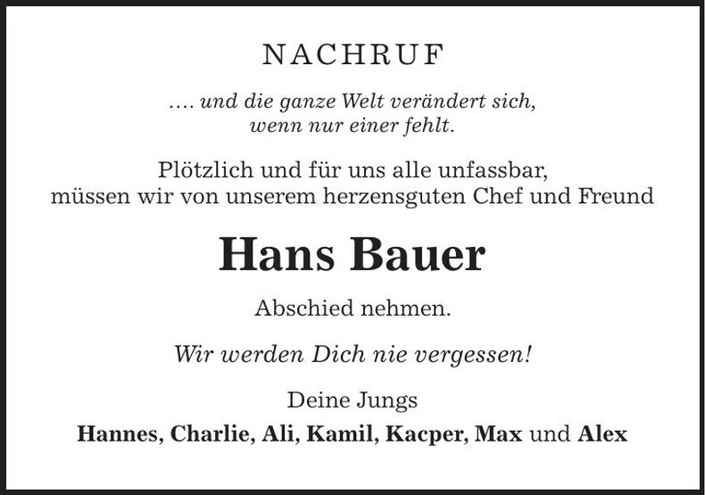 Traueranzeige Hans Bauer