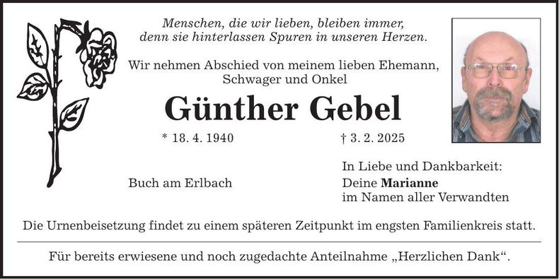 Traueranzeige Günther Gebel