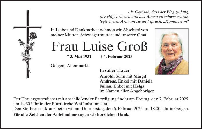 Traueranzeige Luise Groß
