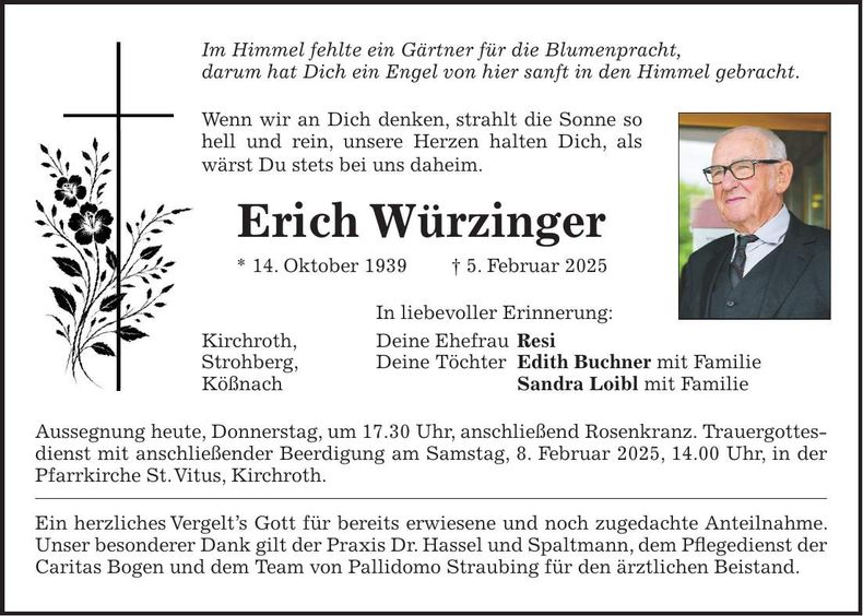 Traueranzeige Erich Würzinger