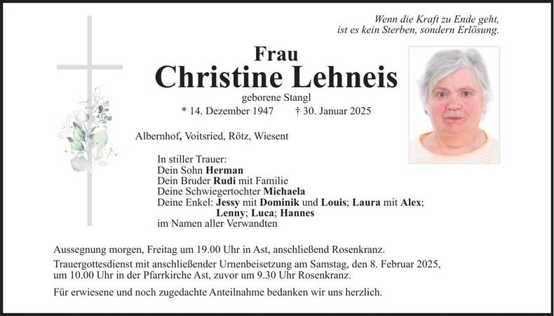 Traueranzeige Christine Lehneis