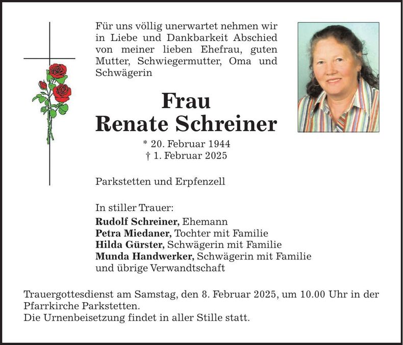Traueranzeige Renate Schreiner