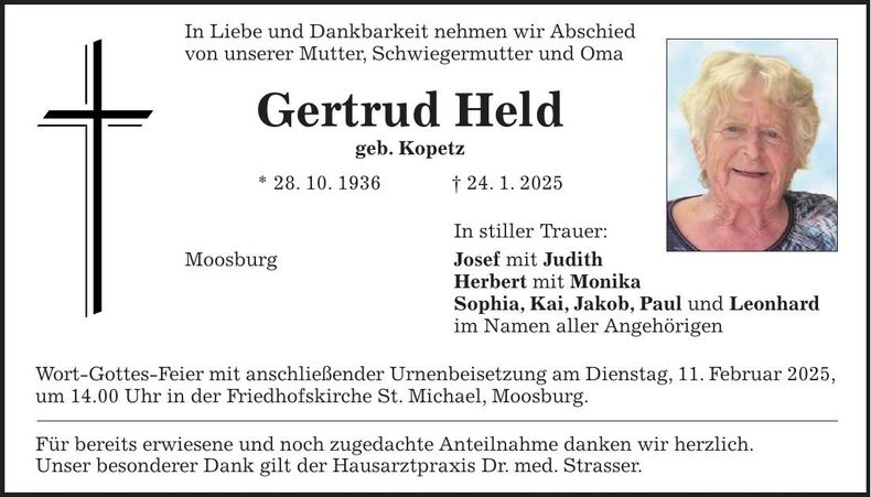 Traueranzeige Gertrud Held