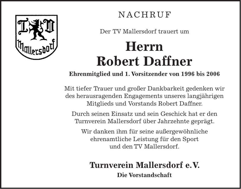 Traueranzeige Robert Daffner