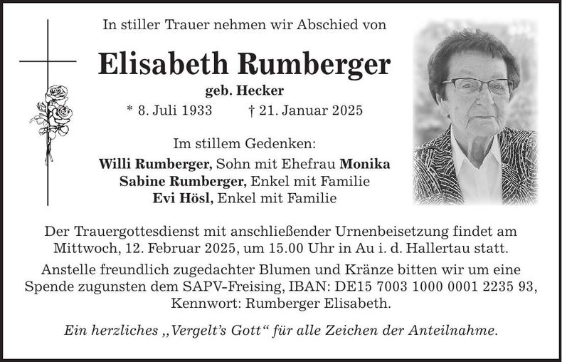 Traueranzeige Elisabeth Rumberger