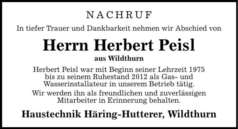 Traueranzeige herbert Peisl