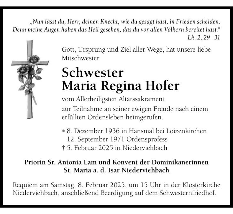 Traueranzeige Maria Regina Hofer
