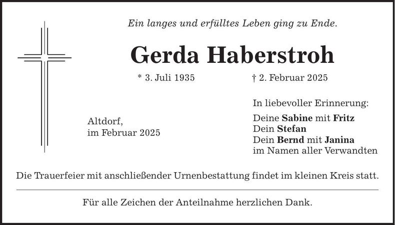 Traueranzeige Gerda Haberstroh