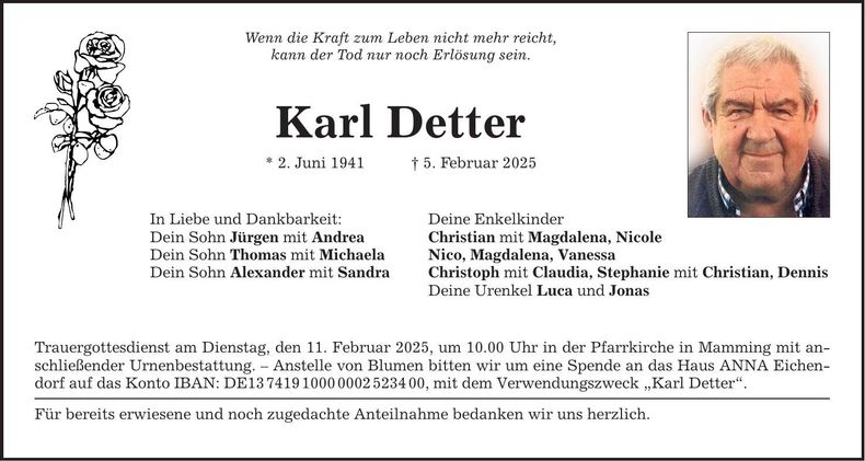 Traueranzeige Karl Detter