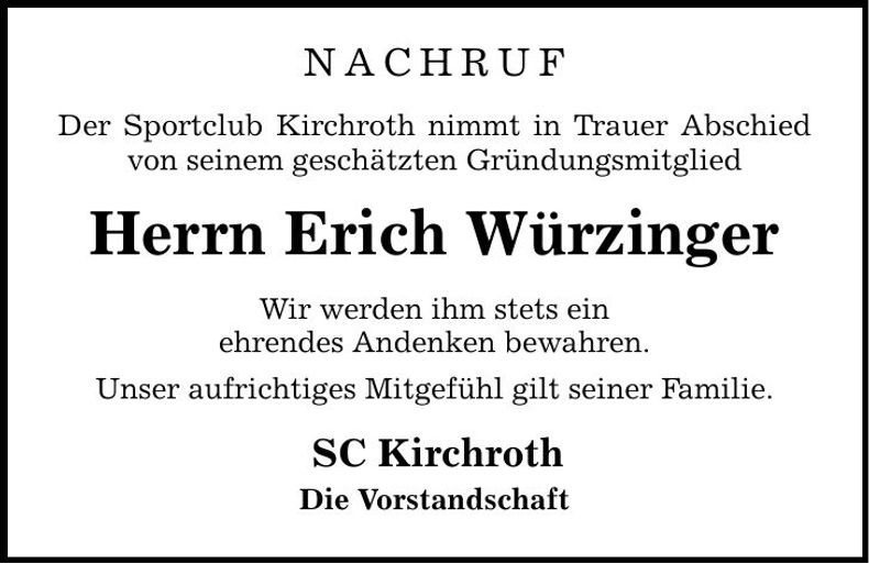 Traueranzeige Erich Würzinger