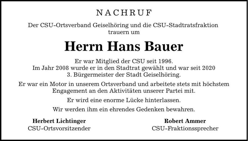 Traueranzeige Johann Bauer