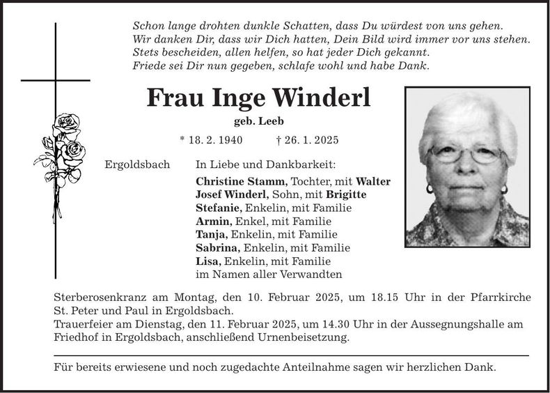 Traueranzeige Inge Winderl