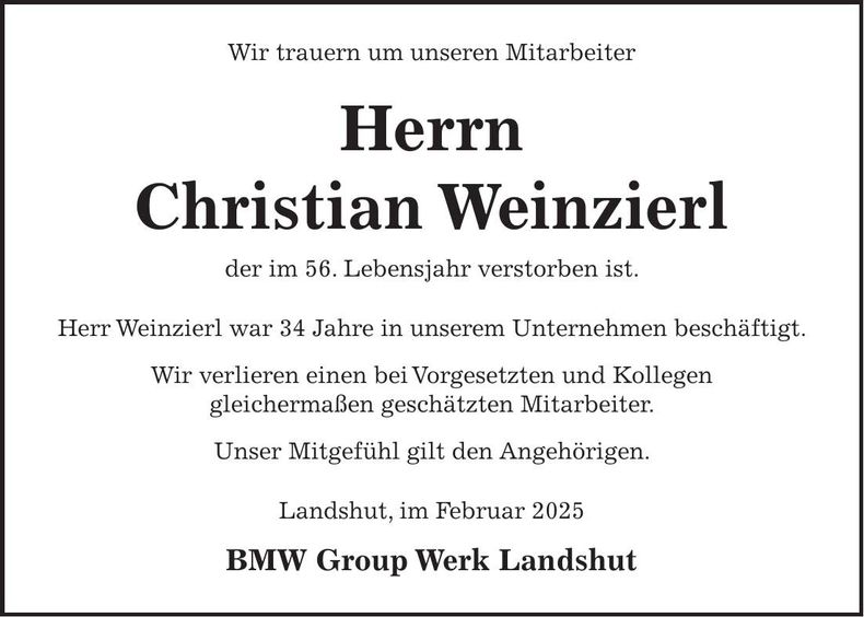 Traueranzeige Christian Weinzierl
