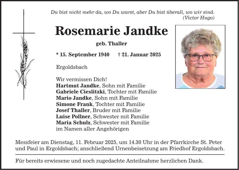 Traueranzeige Rosemarie Jandke