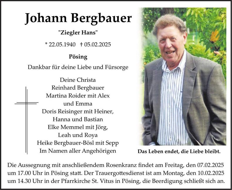 Traueranzeige Johann Bergbauer