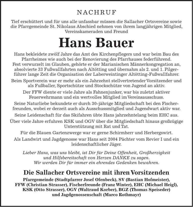Traueranzeige Johann Bauer