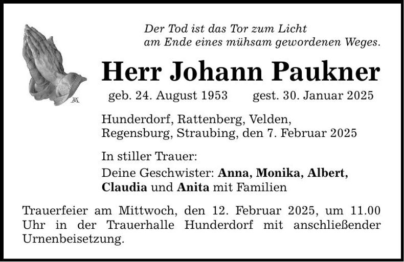 Traueranzeige Johann Paukner
