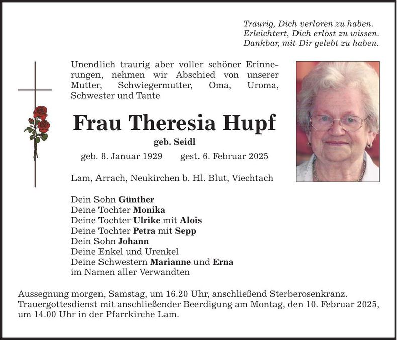 Traueranzeige Theresia Hupf